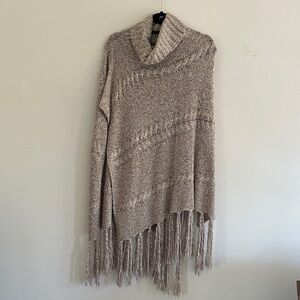 hinge taupe knit fringe poncho with cowl neck